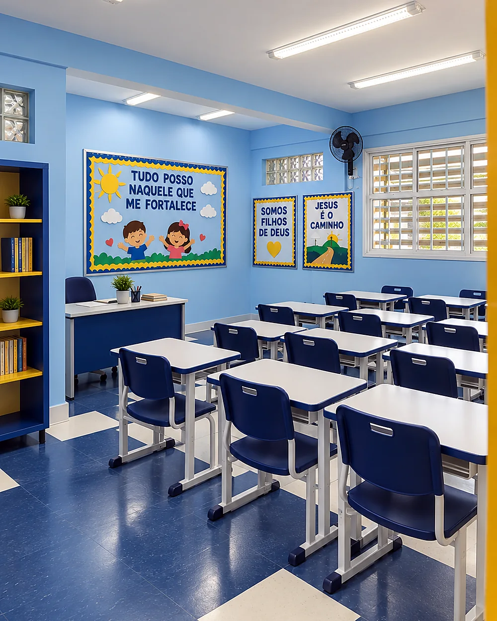 Sala de aula com murais cristãos