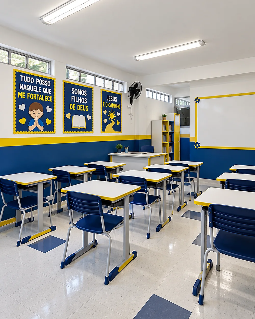 Sala de aula com lousa e murais